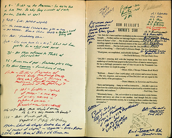 Inside cover of David Foster Wallace's annotated copy of Don DeLillo's Ratner's Star. Harry Ransom Center.